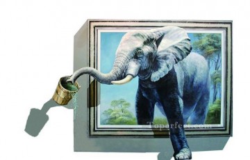 Elefante bebiendo fuera del marco 3D. Pinturas al óleo